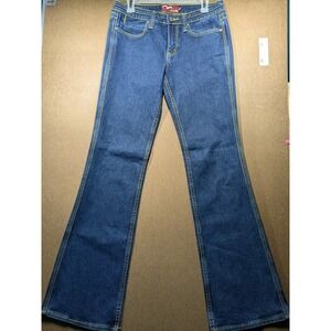Miss Vigoss Women Low Rise Flare Jeans Dark Wash Yellow Stitching Size 9/10
